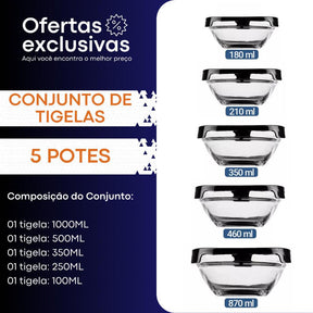 Conjunto Tigela Vidro Marmita Tampa 5 Peças - Tartaruga Shop