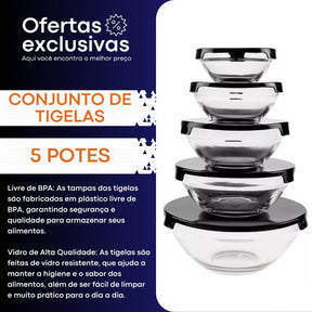 Conjunto Tigela Vidro Marmita Tampa 5 Peças - Tartaruga Shop